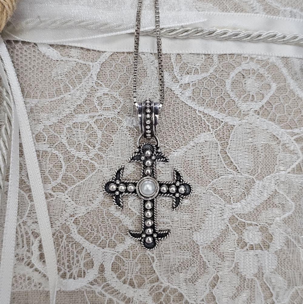 BA Indonesia 925 Silver Cross Necklace With White Pearl - Picture 4 of 11